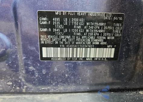 2016 Subaru Outback 2.5I Premium z USA, uszkodzony, nr VIN 4S4BSACC2G3341631